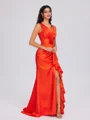 Sheath V-neck Pleated Sweep Train Silk Like Satin Bridesmaid Dress
