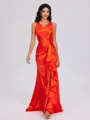 Sheath V-neck Pleated Sweep Train Silk Like Satin Bridesmaid Dress