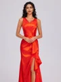 Sheath V-neck Pleated Sweep Train Silk Like Satin Bridesmaid Dress