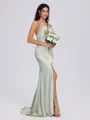 Sheath V-neck Pleated Sweep Train Silk Like Satin Bridesmaid Dress