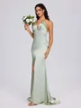 Sheath V-neck Pleated Sweep Train Silk Like Satin Bridesmaid Dress