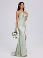 Sheath V-neck Pleated Sweep Train Silk Like Satin Bridesmaid Dress