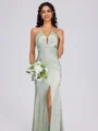 Sheath V-neck Pleated Sweep Train Silk Like Satin Bridesmaid Dress