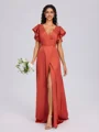 A-line V-neck Short Sleeves Pleated Floor-Length Silk Like Satin Bridesmaid Dress
