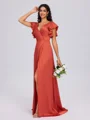 A-line V-neck Short Sleeves Pleated Floor-Length Silk Like Satin Bridesmaid Dress