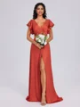 A-line V-neck Short Sleeves Pleated Floor-Length Silk Like Satin Bridesmaid Dress