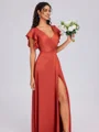 A-line V-neck Short Sleeves Pleated Floor-Length Silk Like Satin Bridesmaid Dress