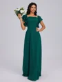 A-line Square Short Sleeves Ruffles Floor-Length Chiffon Bridesmaid Dress