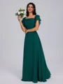 A-line Square Short Sleeves Ruffles Floor-Length Chiffon Bridesmaid Dress