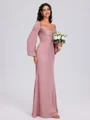 Sheath Cowl Long Sleeves Pleated Floor-Length Satin Chiffon Bridesmaid Dress