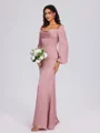 Sheath Cowl Long Sleeves Pleated Floor-Length Satin Chiffon Bridesmaid Dress