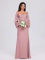 Sheath Cowl Long Sleeves Pleated Floor-Length Satin Chiffon Bridesmaid Dress