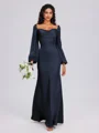 Sheath Cowl Long Sleeves Pleated Floor-Length Satin Chiffon Bridesmaid Dress