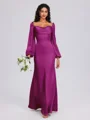 Sheath Cowl Long Sleeves Pleated Floor-Length Satin Chiffon Bridesmaid Dress