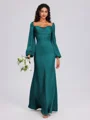 Sheath Cowl Long Sleeves Pleated Floor-Length Satin Chiffon Bridesmaid Dress