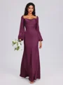 Sheath Cowl Long Sleeves Pleated Floor-Length Satin Chiffon Bridesmaid Dress