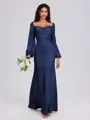 Sheath Cowl Long Sleeves Pleated Floor-Length Satin Chiffon Bridesmaid Dress