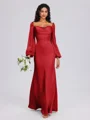 Sheath Cowl Long Sleeves Pleated Floor-Length Satin Chiffon Bridesmaid Dress