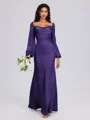 Sheath Cowl Long Sleeves Pleated Floor-Length Satin Chiffon Bridesmaid Dress