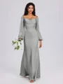 Sheath Cowl Long Sleeves Pleated Floor-Length Satin Chiffon Bridesmaid Dress
