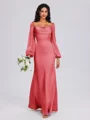 Sheath Cowl Long Sleeves Pleated Floor-Length Satin Chiffon Bridesmaid Dress
