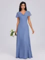 A-line V-neck Short Sleeves Pleated Floor-Length Chiffon Bridesmaid Dress