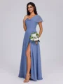 A-line V-neck Short Sleeves Pleated Floor-Length Chiffon Bridesmaid Dress