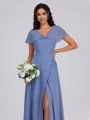 A-line V-neck Short Sleeves Pleated Floor-Length Chiffon Bridesmaid Dress