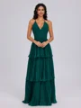 A-line V-neck Cascading Ruffles Floor-Length Chiffon Bridesmaid Dress