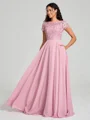 A-Line/Princess Scoop Floor-Length Short Sleeves Chiffon Bridesmaid Dress