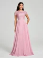 A-Line/Princess Scoop Floor-Length Short Sleeves Chiffon Bridesmaid Dress