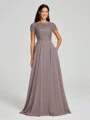 A-Line/Princess Scoop Floor-Length Short Sleeves Chiffon Bridesmaid Dress