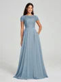 A-Line/Princess Scoop Floor-Length Short Sleeves Chiffon Bridesmaid Dress