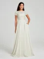 A-Line/Princess Scoop Floor-Length Short Sleeves Chiffon Bridesmaid Dress