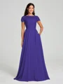 A-Line/Princess Scoop Floor-Length Short Sleeves Chiffon Bridesmaid Dress