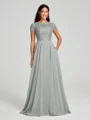 A-Line/Princess Scoop Floor-Length Short Sleeves Chiffon Bridesmaid Dress