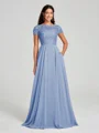 A-Line/Princess Scoop Floor-Length Short Sleeves Chiffon Bridesmaid Dress