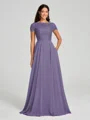 A-Line/Princess Scoop Floor-Length Short Sleeves Chiffon Bridesmaid Dress