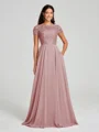 A-Line/Princess Scoop Floor-Length Short Sleeves Chiffon Bridesmaid Dress