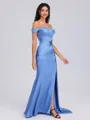 Sheath Off-the-Shoulder Pleated Sweep Train Silk Like Satin Bridesmaid Dress