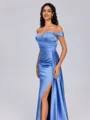 Sheath Off-the-Shoulder Pleated Sweep Train Silk Like Satin Bridesmaid Dress