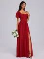 A-line Square Short Sleeves Bow Floor-Length Chiffon Bridesmaid Dress