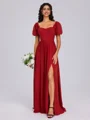 A-line Square Short Sleeves Bow Floor-Length Chiffon Bridesmaid Dress