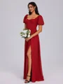A-line Square Short Sleeves Bow Floor-Length Chiffon Bridesmaid Dress