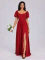 A-line Square Short Sleeves Bow Floor-Length Chiffon Bridesmaid Dress