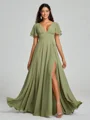 A-Line/Princess V-neck Floor-Length Short Sleeves Chiffon Bridesmaid Dress