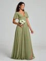 A-Line/Princess V-neck Floor-Length Short Sleeves Chiffon Bridesmaid Dress
