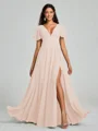 A-Line/Princess V-neck Floor-Length Short Sleeves Chiffon Bridesmaid Dress