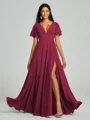 A-Line/Princess V-neck Floor-Length Short Sleeves Chiffon Bridesmaid Dress