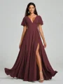 A-Line/Princess V-neck Floor-Length Short Sleeves Chiffon Bridesmaid Dress